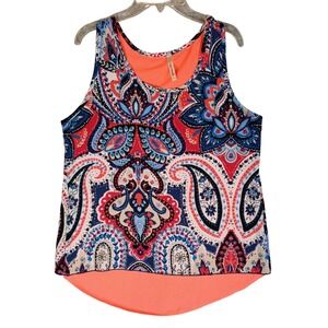 New Mode USA Womens Medium Paisley Print Tank Top Sleeveless Coral Trim Vibrant
